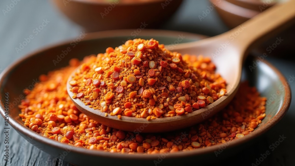 Shichimi. Spoon is full of red lentonce sitting on plate Shichimi. Spoon is full of red lentonce sitting on plate