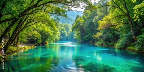 Serene forest surroundings with a calm turquoise river flowing gently through it amidst lush greenery and vibrant foliage
