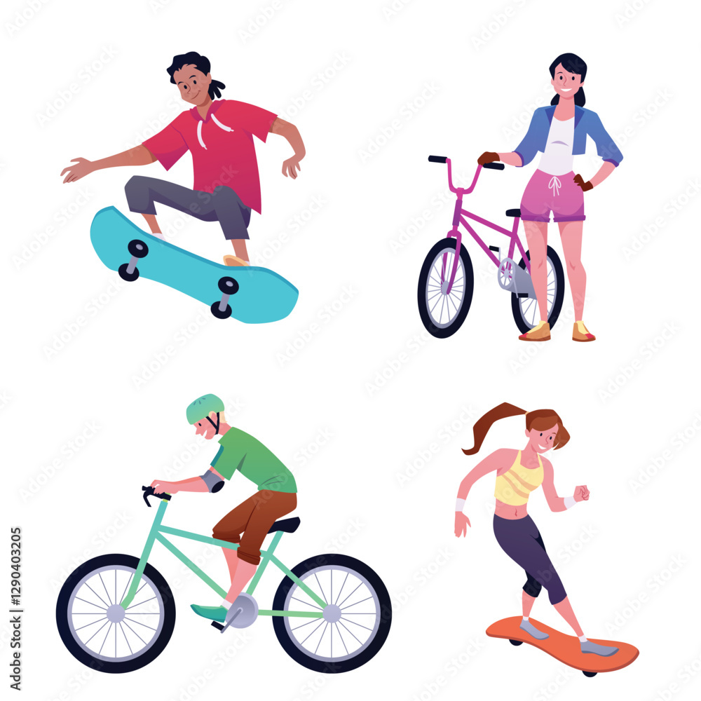 Fototapeta premium Boys and girls riding bicycle, skateboard or longboard, vector cartoon extreme sport, teenager street activity lifestyle