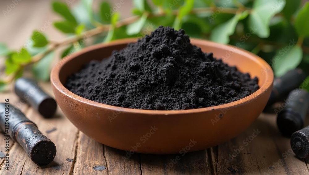 Black turmeric. Bowl is full of black powder and some wooden sticks Black turmeric. Bowl is full of black powder and some wooden sticks
