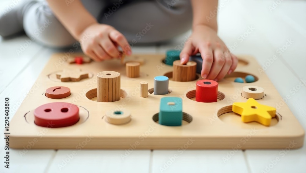 Busy board. Child is playing with wooden toy on floor Busy board. Child is playing with wooden toy on floor