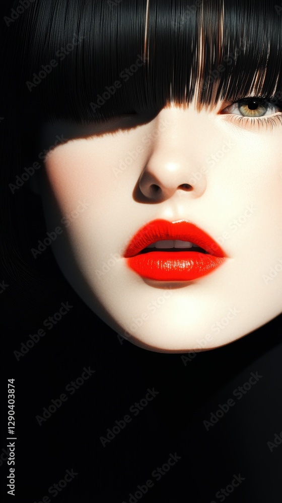 Naklejka premium Bold red lips and dark fringe hairstyle in high contrast close-up portrait