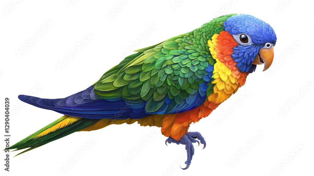 Obraz premium A vibrant, colorful parrot perched gracefully, isolated on a transparent background. The bird features bright green, blue, and yellow feathers with sharp, detailed textures.