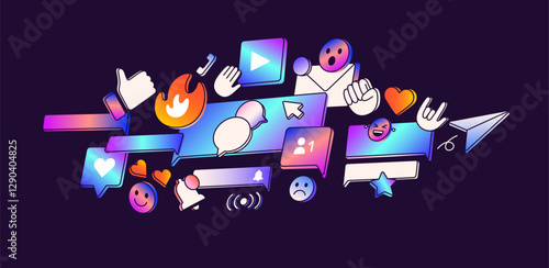 Elements of social media and networks. Speech bubbles, comments, chat reactions: likes, hearts, thumbs up. Concept composition of digital conversation, online communication. Flat vector illustration