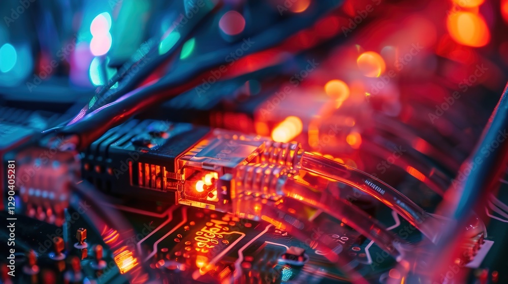 Close-up of network cables with fiber optical background, data transmission, high-speed connection, critical infrastructure, technology hub, digital communication, glowing circuits, internet backbone