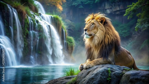 Lion sitting majestically by a serene waterfall