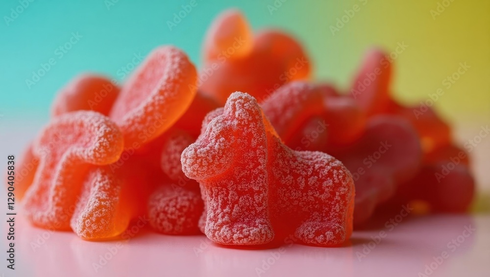 Psilocybin gummies. Gummy bears are sitting on table with blue background Psilocybin gummies. Gummy bears are sitting on table with blue background