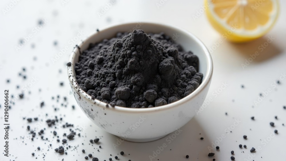 Teeth Whitening Powder. Bowl is full of black powder next to lemon Teeth Whitening Powder. Bowl is full of black powder next to lemon