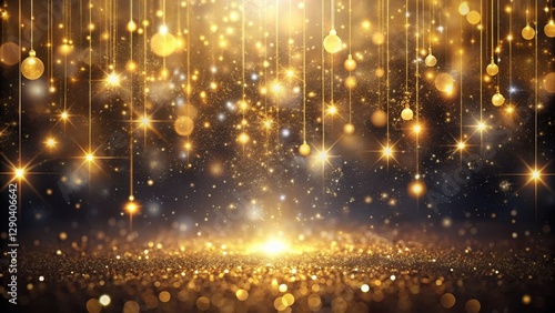 Sparkling gold glitter lights suspended in mid-air amidst a halo of soft, ethereal glow against a darkened