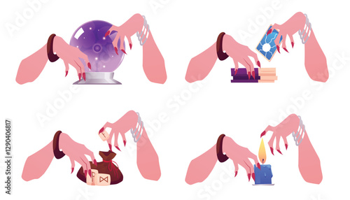 Fortune tellers hands with occult items vector set, cartoon magic crystal ball, runes, tarot and candle witch divination