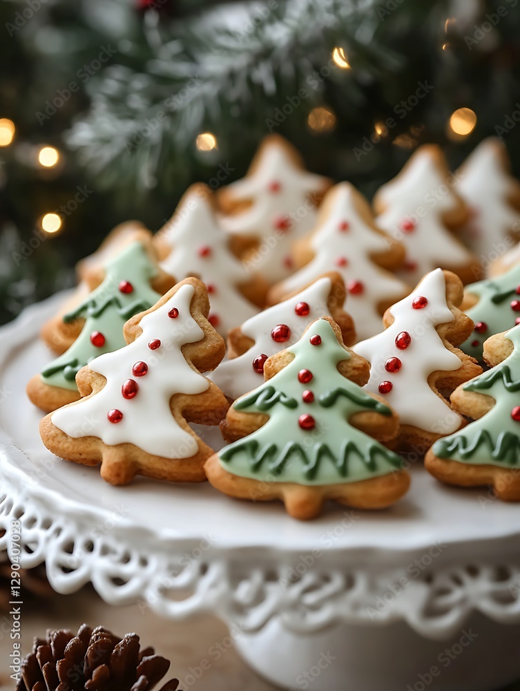 Christmas tree shaped iced cookies on a platter Christmas tree shaped iced cookies on a platter