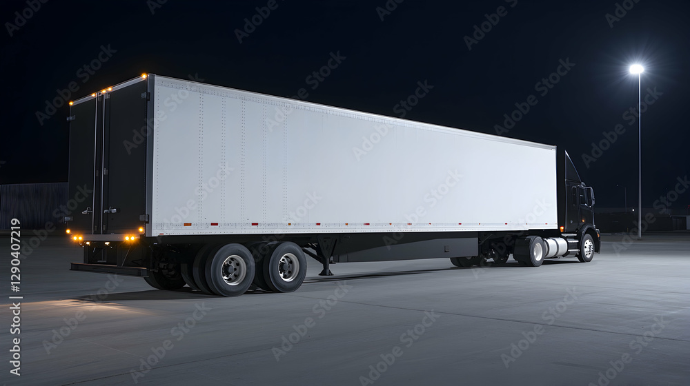 Nighttime cargo truck parked in empty lot Nighttime cargo truck parked in empty lot