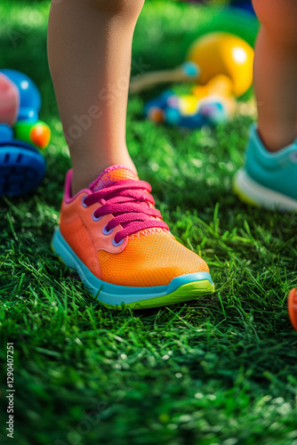 Children's feet in bright sneakers on green grass with toys photo