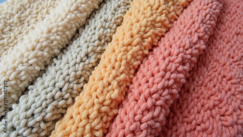Boucle fabric. Closeup of multicolor knitted wool yarn texture in warm