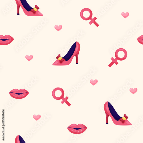 Seamless pattern with high heel shoes and red lips on beige background. March 8 Women's Day. Vector illustration.