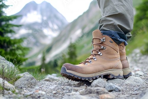 Feet in hiking boots standing on a rocky path in the mountains photo