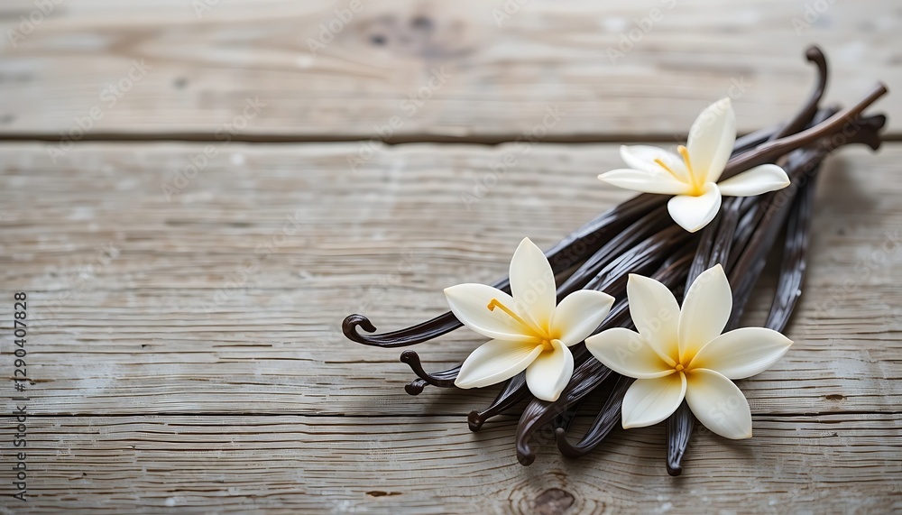 Vanilla Pods and Flowers on Rustic Wooden Background with copy space Vanilla Pods and Flowers on Rustic Wooden Background with copy space