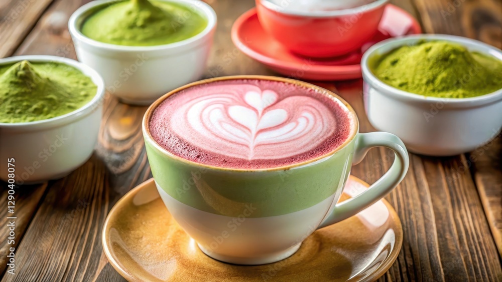 Warm pink beverage in a cup with frothy milk on top, surrounded by green matcha powder and cute coffee cups , coffee cup, froth Warm pink beverage in a cup with frothy milk on top, surrounded by green matcha powder and cute coffee cups , coffee cup, froth