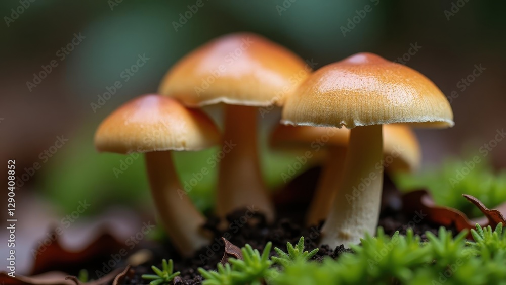 Mushroom microdose. Mushrooms are growing on ground in forest Mushroom microdose. Mushrooms are growing on ground in forest