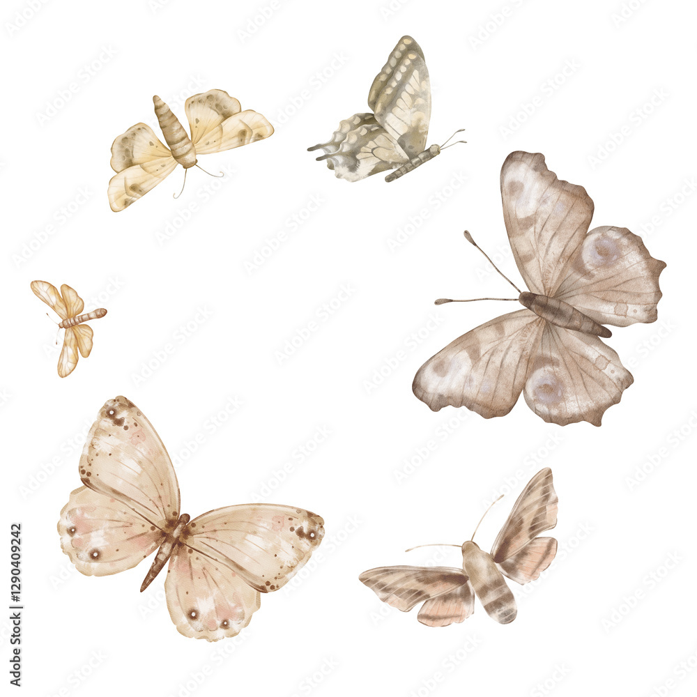 Fototapeta premium Butterflies Monarch and other flying on white background. Set of delicate cute beige brown butterflies. Hand drawn watercolor illustration on isolated white background. Template for print or frame.