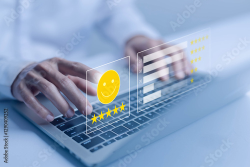 customer service digital online. concept of the satisfaction survey. 5-star rate review for consumer, positive experience of user. best feedback, testimony customer, business quality