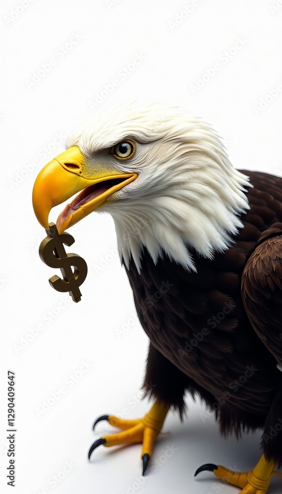 Fototapeta premium Close-up of eagle carrying dollar sign in beak against white background, symbolism, success