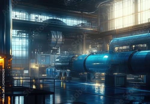 The interior of an industrial plant with large blue pipes and cables, representing the theme of industrial technology. The scene is illuminated by soft light from multiple windows