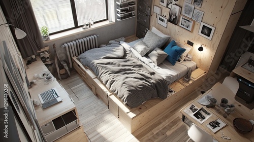 **A small studio apartment with multi-functional furniture