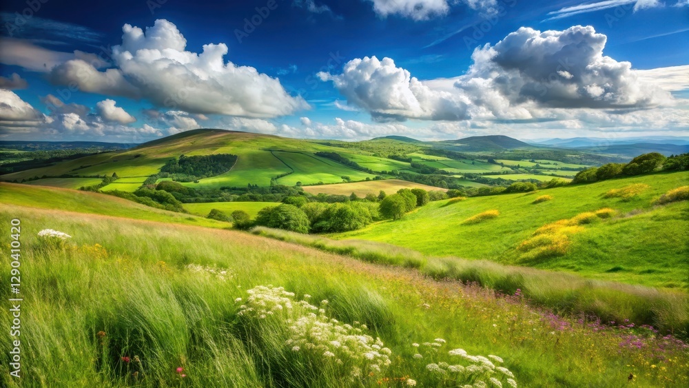 Rolling hills of emerald green grasses sway gently in the breeze amidst wildflowers and trees, set against a clear blue sky with fluffy white clouds, ireland, nature