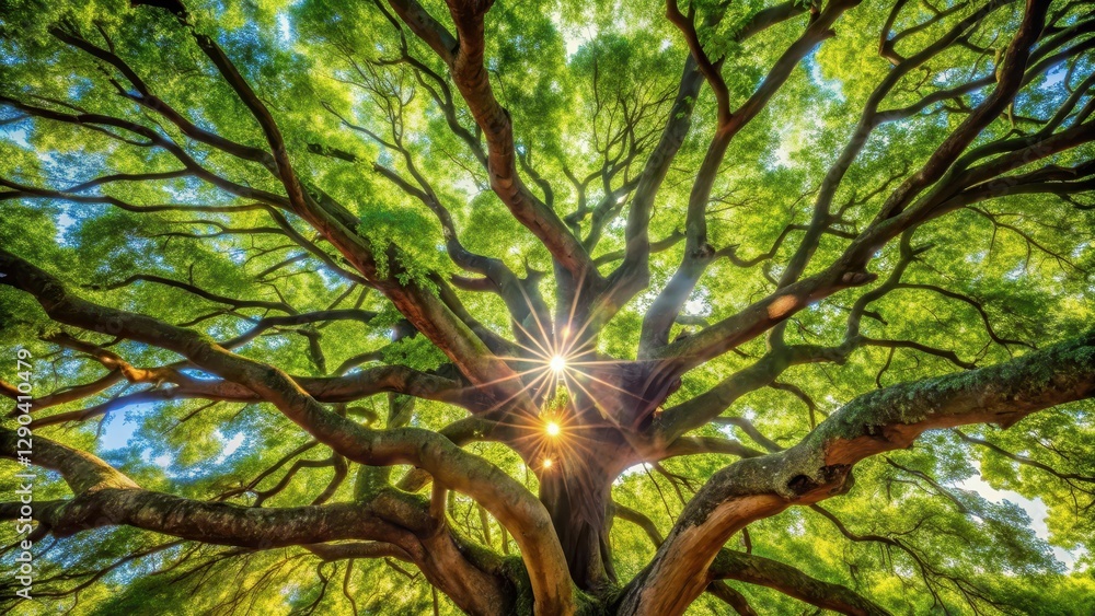 Obraz premium A majestic shot of intricate branches from an ancient tree's foliage, with sunlight filtering through leaves , outdoors