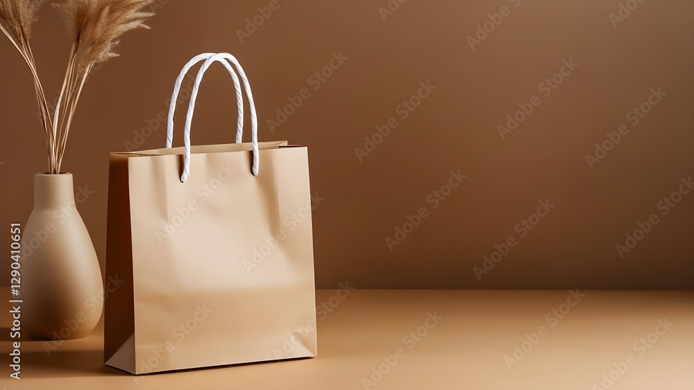 A simple brown paper shopping bag next to a minimalist vase with pampas grass, set against a neutral background. Concept Minimalist Home Decor, Pampas Grass Arrangement, Neutral Color Palette A simple brown paper shopping bag next to a minimalist vase with pampas grass, set against a neutral background. Concept Minimalist Home Decor, Pampas Grass Arrangement, Neutral Color Palette