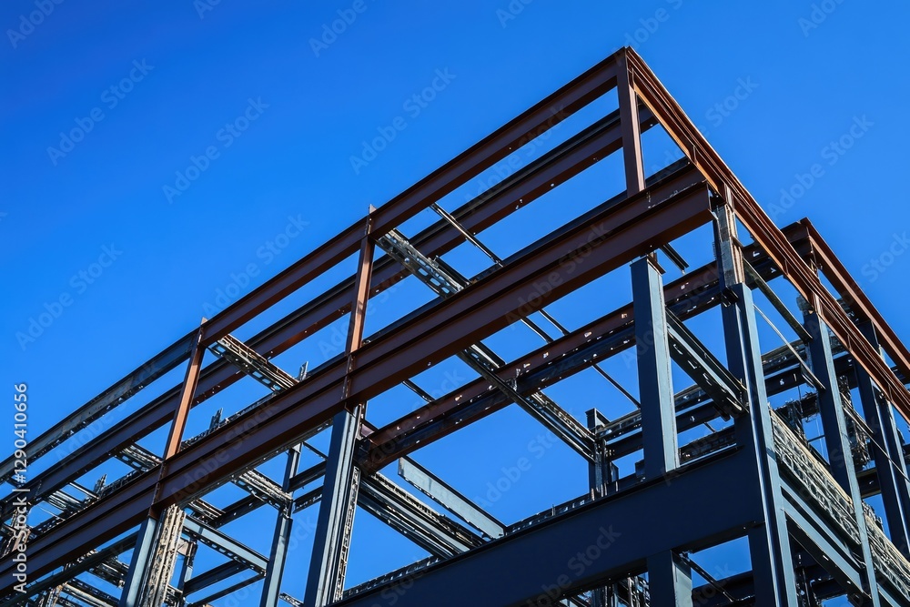 The steel frame structure of the building is visible against the blue sky, showcasing industrial architecture and construction technology with steel beams for an exterior shot. The steel frame structure of the building is visible against the blue sky, showcasing industrial architecture and construction technology with steel beams for an exterior shot.