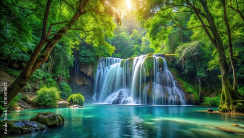waterfall in dense forest, lush, calming scene,  lush, calming scene, natural beauty, earthy, greenery, natural