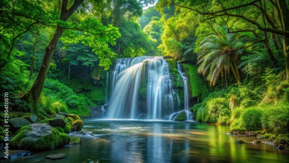 Obraz premium waterfall cascade among lush greenery forest foliage serene natural beauty scene, serene, peaceful, serene