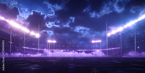 The wardrobe of an American football stadium at night. A large, dark field lit by bright white and purple spotlights, with clouds in the sky.