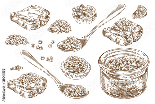 Caviar heaps, on spoon and in glass jar, on tartlet and bread slices engraved hand drawn vector set, sea food delicacy