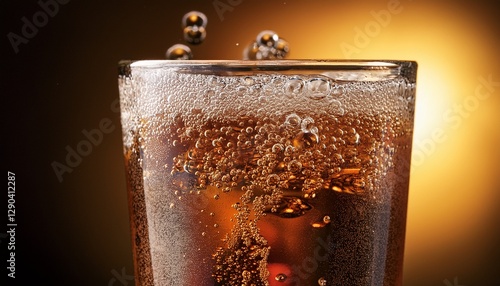 Close-up of a carbonated drink with rising bubbles, capturing a dynamic and refreshing moment, highlighting the effervescence and fizz.