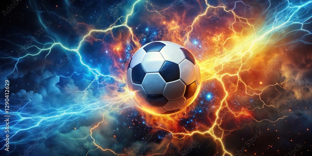 Fototapeta premium Soccer ball suspended in mid-air amidst a swirling vortex of fiery embers and electric blue lightning bolts illuminating a dark starry night sky, flame, lightning