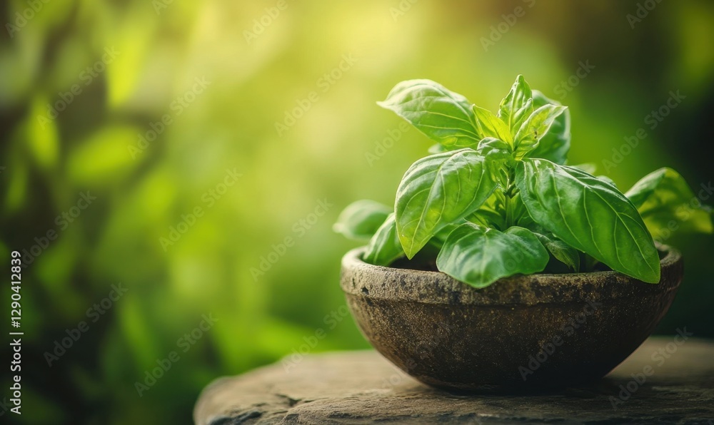 Fresh basil plant in bowl, garden background, for cooking or blogs Fresh basil plant in bowl, garden background, for cooking or blogs