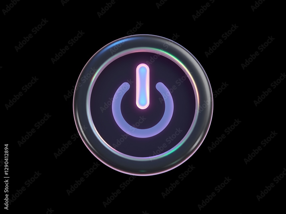 A semi-transparent, three-dimensional power button icon with a glossy rainbow sheen. Represents startup or power-on. Dark black background. A semi-transparent, three-dimensional power button icon with a glossy rainbow sheen. Represents startup or power-on. Dark black background.