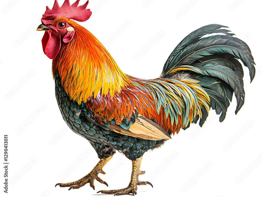 Fototapeta premium A colorful rooster with vibrant feathers, standing on a white background
