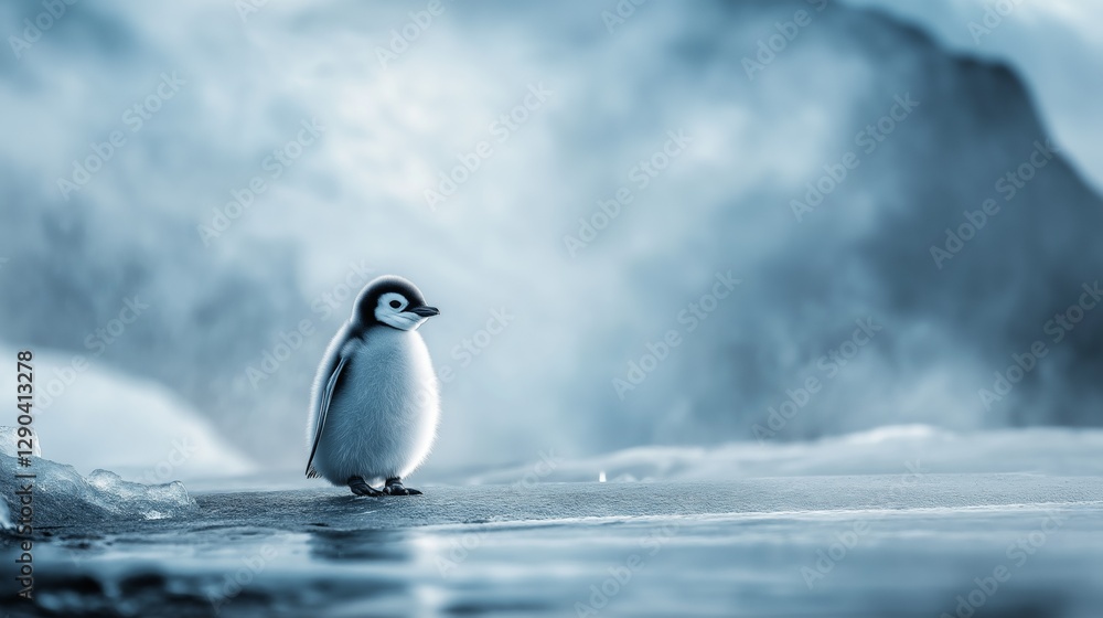 Obraz premium Baby penguin standing on icy surface in cold Antarctic landscape