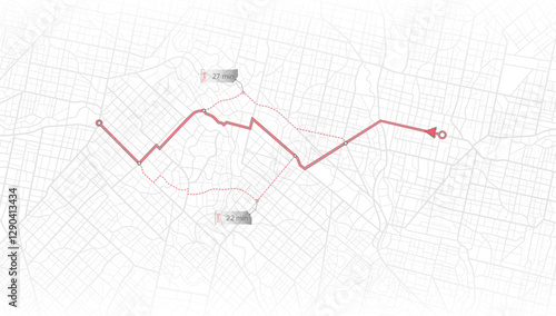 Map with intended goal and several paths to destiny. Concept of shortest path to the goal. Abstract navigation plan on city map. Vector illustration