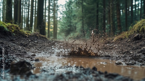 Fototapeta Naklejka Na Ścianę i Meble -  Mud splashing on forest path creating a crown shape