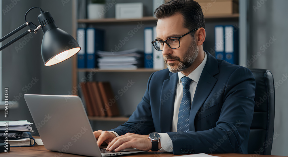 Obraz premium Professional Businessman Working on Laptop in Modern Office Setting