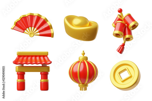 Golden ingot and coin, red fan and firecrackers, lantern and Chinese gate 3D vector set, Asian traditional lucky symbols