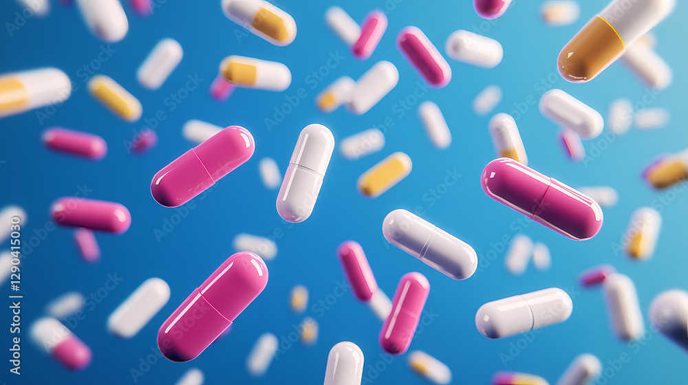 3D render of floating pills in dynamic composition 3D render of floating pills in dynamic composition