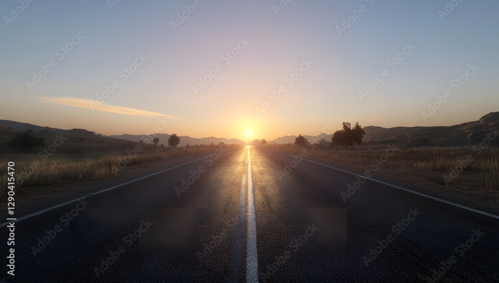 Fototapeta premium Empty road stretching into sunrise over desert landscape