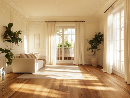 Montreal home's living room with a new wooden floor, showcasing the elegance and warmth of wood flooring, with white walls and curtains in soft lighting.