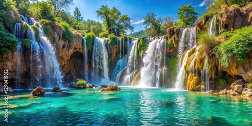 Majestic waterfall cascading into the Mediterranean Sea, natural wonder